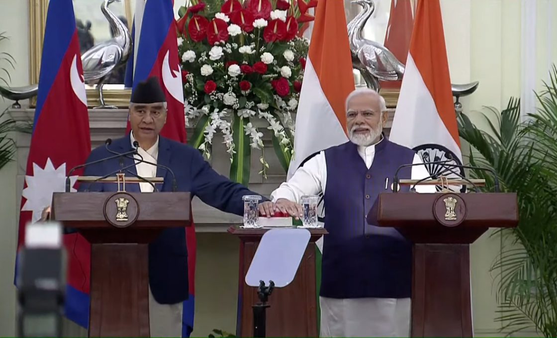 PM Sher Bahadur Deuba and Indian PM Narendra Modi jointly launching RuPay in Nepal