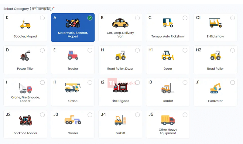 Vehicle Categories for New License