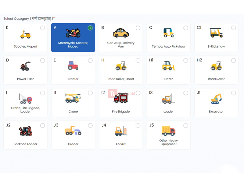 Vehicle Categories for New License