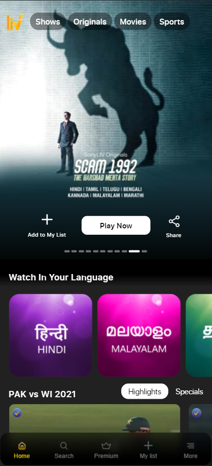 SonyLIV Homepage - Android Mobile