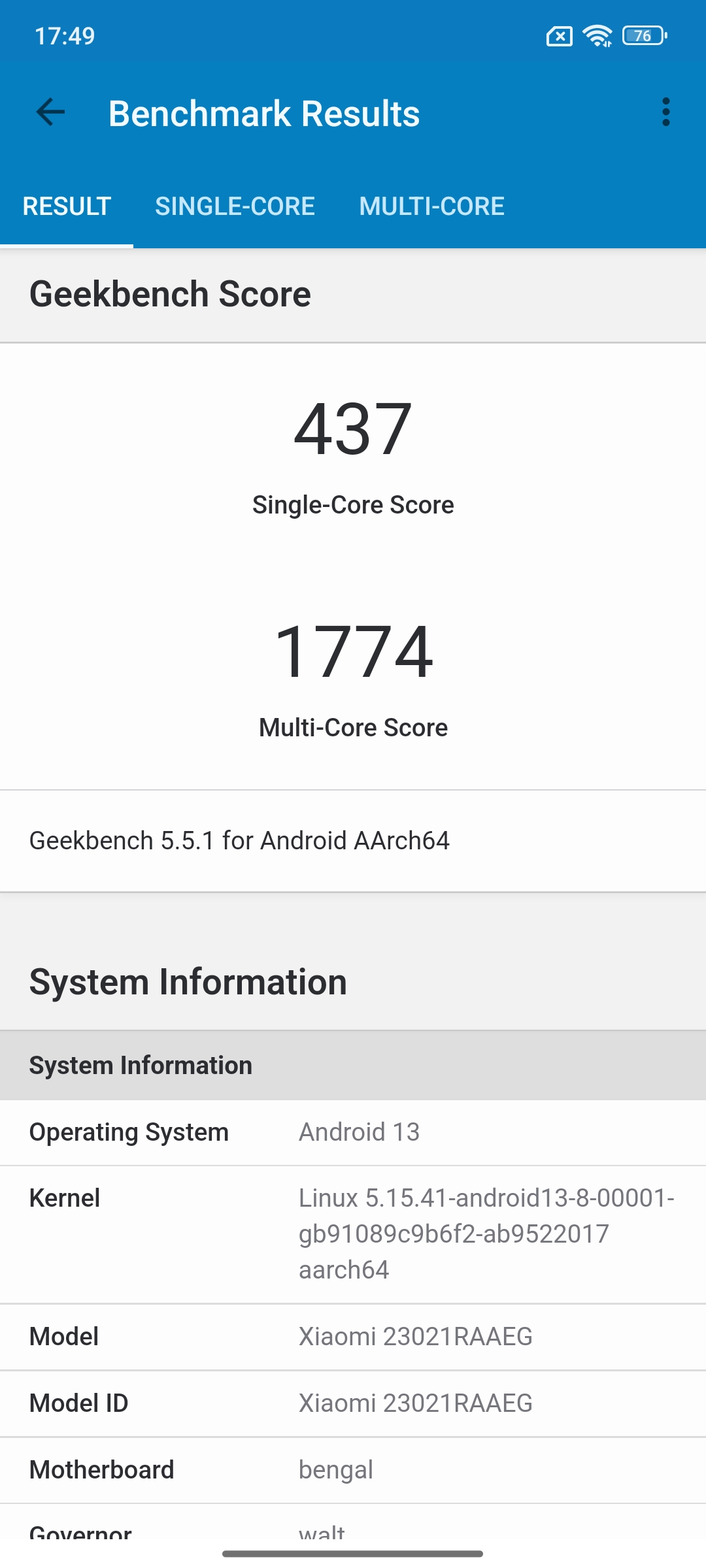 Geekbench 5 of Redmi Note 12 4G